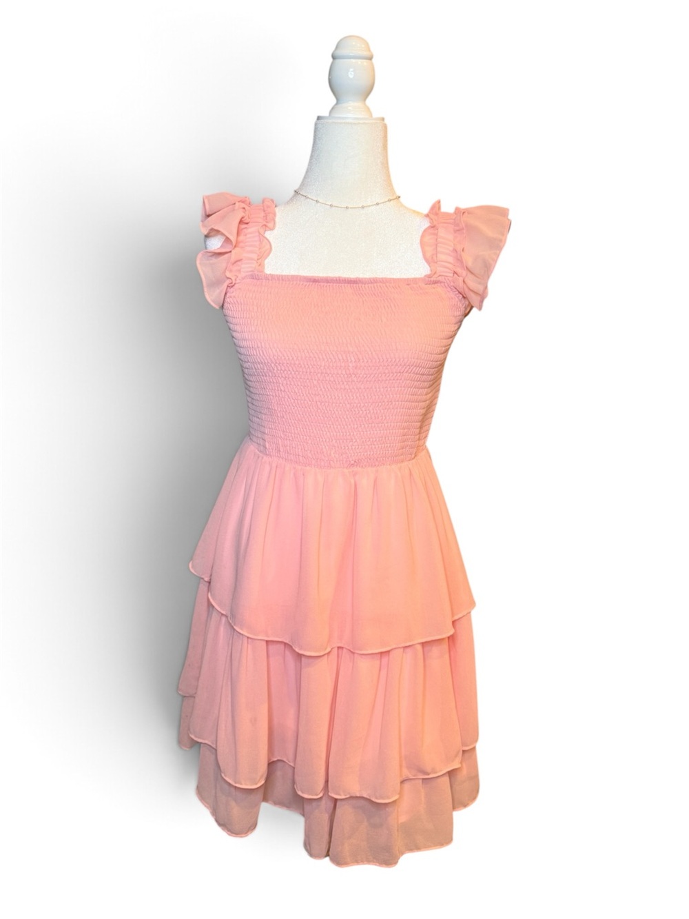 Smocked Ruffle Strap Tiered Pink Dress size M